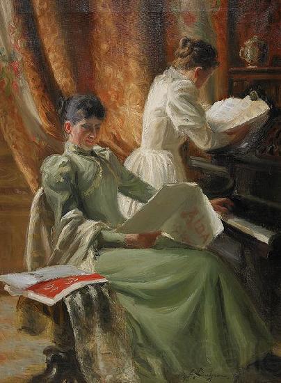 Emil Lindgren Interior med musicerande kvinnor vid pianot Norge oil painting art